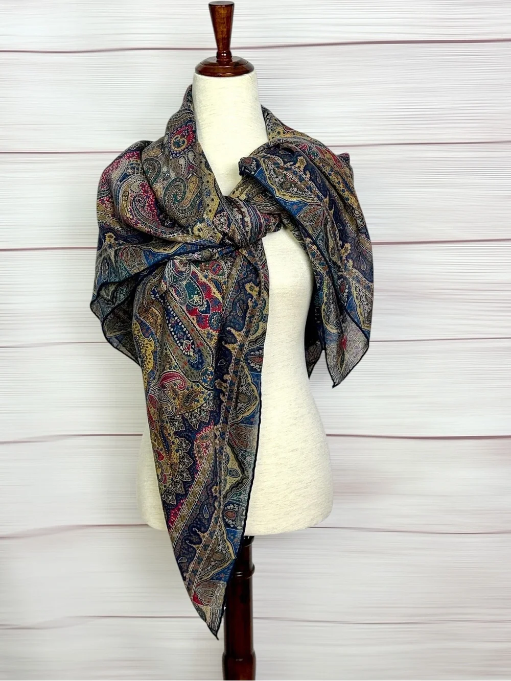 Vintage Large Wool (?) Paisley Shawl Scarf 54” Square Hand Rolled Multicolor